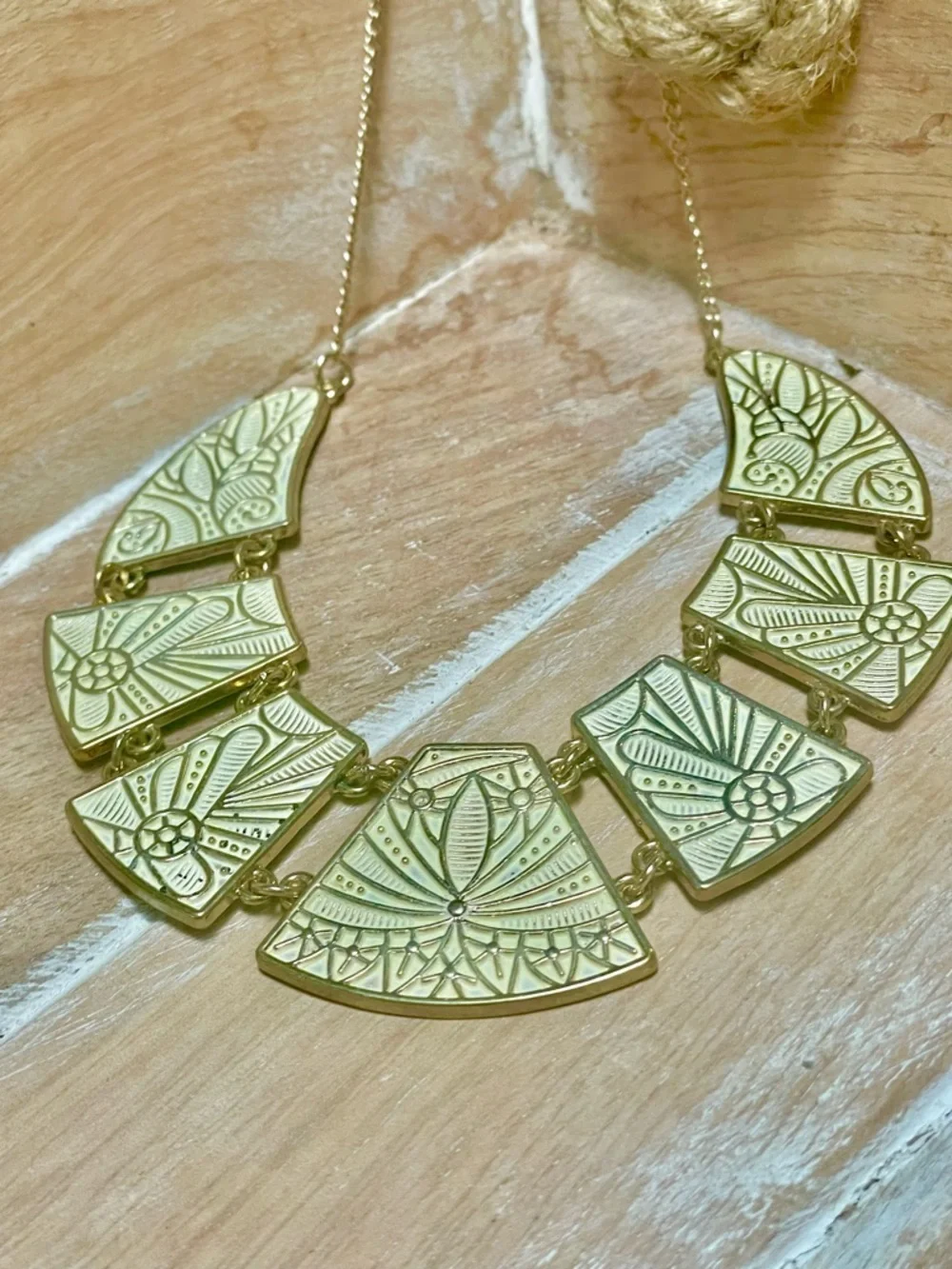 Gold-Tone Engraved Fan Pendant Statement Necklace in Pale Yellow